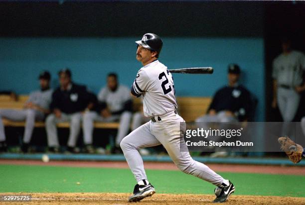 Don Mattingly of the New York Yankees hits a pitch during Game five of the 1995 American League Divisional Series against the Seattle Mariners at the...