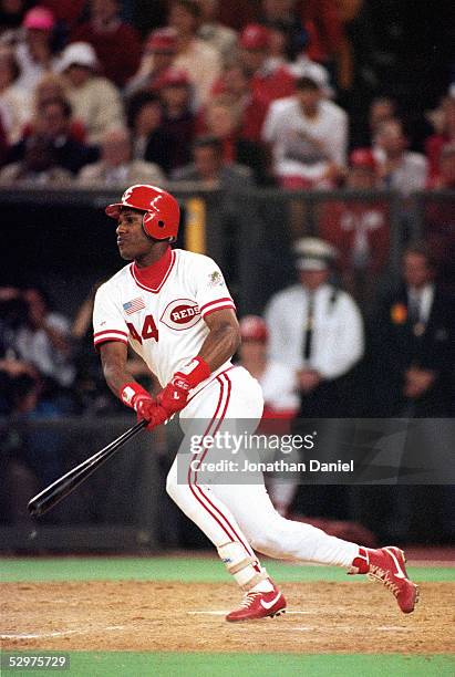 Eric Davis of the Cincinnati Reds swings at a pitch during Game two of the 1990 World Series against the Oakland Athletics at Riverfront Stadium on...