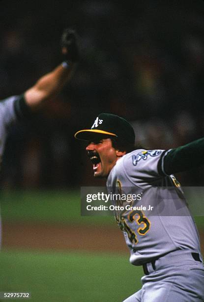 Dennis Eckersley of the Oakland Athletics celebrates the final out of game four of the 1989 World Series against the San Francisco Giants at...