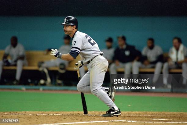 Don Mattingly of the New York Yankees hits a pitch during Game five of the 1995 American League Divisional Series against the Seattle Mariners at the...