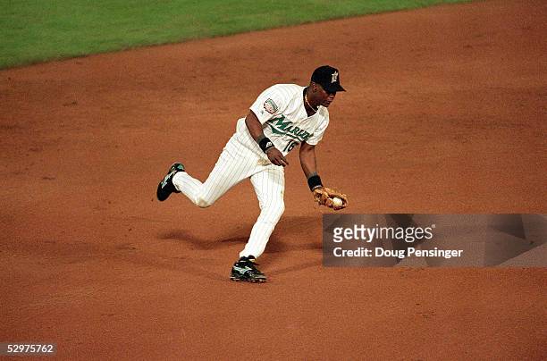 Edgar Renteria of the Florida Marlins fields the ball during Game two of the 1997 World Series against the Cleveland Indians at Pro Player Stadium on...