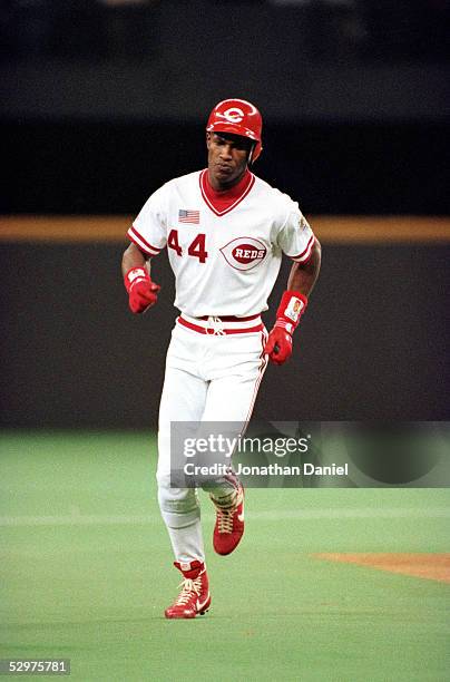 Eric Davis of the Cincinnati Reds circles the bases after hitting a two run home run during Game one of the 1990 World Series against the Oakland...