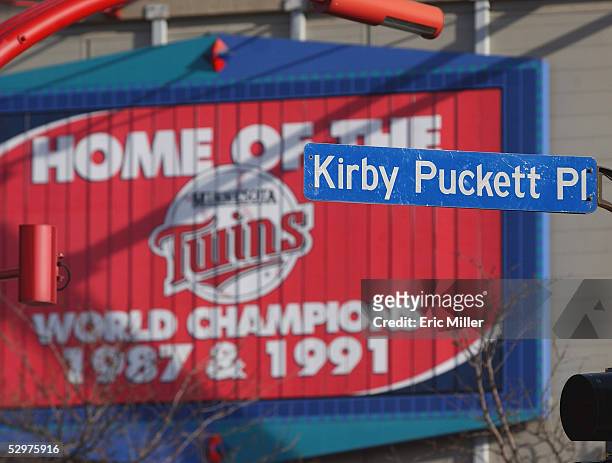 General view of the sign "Kirby Puckett Pl" taken during the game between the Minnesota Twins and the Chicago White Sox at the Metrodome, on April 8,...