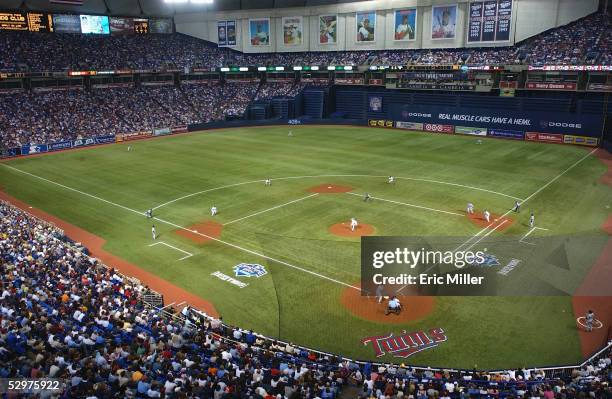 General view of the field taken during the game between the Minnesota Twins and the Chicago White Sox at the Metrodome on April 8, 2005 in...