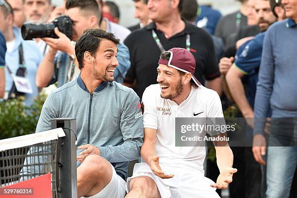 Footballers of Italian Serie A League, Alessandro Florenzi and Fabio Fognini participate in "Tennis with star" Charity Tournament match during the...