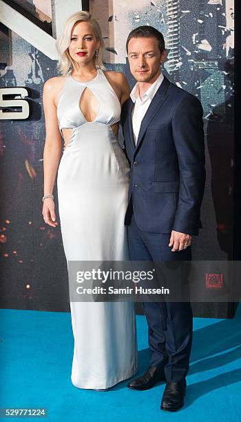 Jennifer Lawrence and James McAvoy attend a Global Fan Screening of "X-Men Apocalypse" at BFI IMAX on May 9, 2016 in London, England.