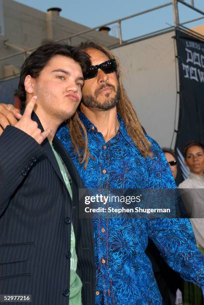 Actor Emile Hirsch and original Z-Boys pro-skater Tony Alva arrive at the Premiere of TriStar Pictures "Lords Of Dogtown" at the Mann's Chinese...