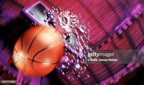 basketball action with broken backboard - canasta de baloncesto fotografías e imágenes de stock
