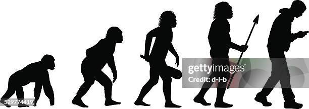 ilustraciones, imágenes clip art, dibujos animados e iconos de stock de la evolución de la sms humanos - chimpancé