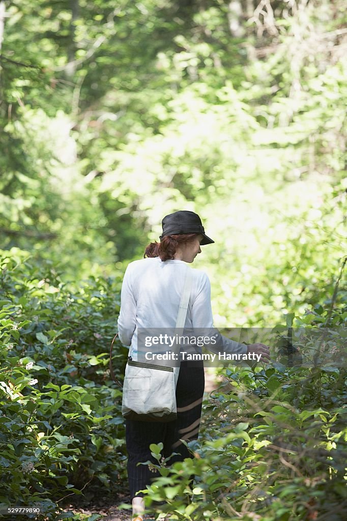 Woman walking through woods