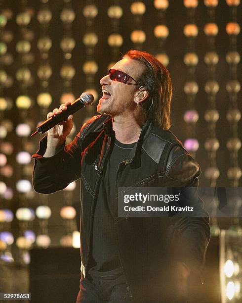 Singer Bono of U2 performs at the band's second sold out concert at the Wachovia Center May 22, 2005 in Philadelphia.