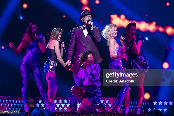 Contestant Serhat Hacipasalioglu of San Marino performs his song named "I didn't know" during dress rehearsal of 2016 Eurovision Song Contest at...