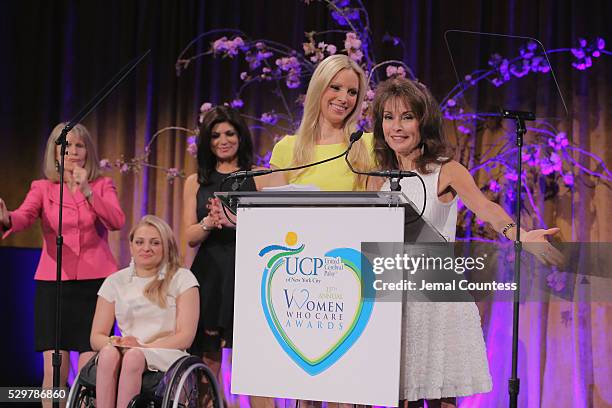 Donna Hanover, Tamsen Fadel, Ali Stroker, Liza Huber and Susan Lucci speak on stage at the 15th Annual Women Who Care luncheon benefiting United...