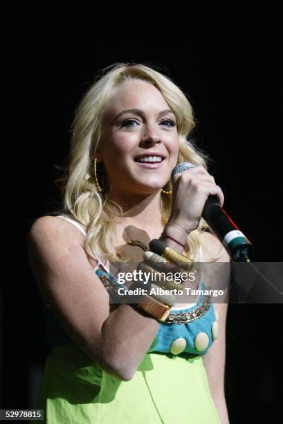 Actress Lindsay Lohan appears on stage for the Y100.7FM Summer Splash Concert at The Office Depot Center on May 24, 2005 in Sunrise, Florida.