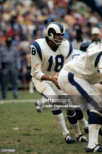 Quarterback Roman Gabriel of the Los Angeles Rams drops back to throw a pass during a game in 1971.