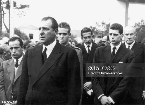 Don Juan de Borbon , pretender to the Spanish throne, attends the funeral of his youngest son, Don Alfonso de Bourbon, in Cascais, 2nd April 1956....