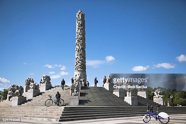 view of the monolith sculpture at the vigeland sculpture park - vigeland sculpture park stock pictures, royalty-free photos & images