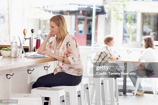 woman sitting and bar counter and using laptop - tammy bar fotografías e imágenes de stock