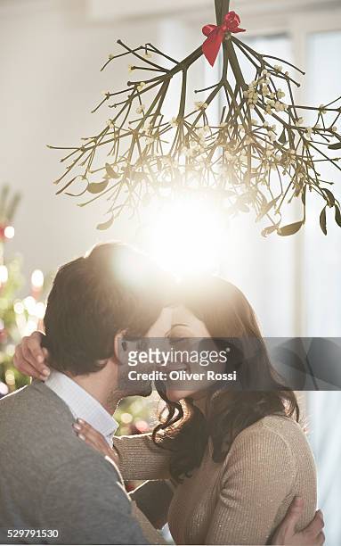 couple kissing under mistletoe at christmas - mistel stock-fotos und bilder