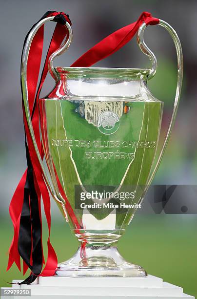 The European Champions League Trophy is seen before the final between Liverpool and AC Milan on May 25, 2005 at the Olympic Stadium in Istanbul,...