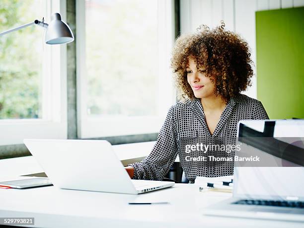 smiling businesswoman working on project on laptop - north america business stock pictures, royalty-free photos & images