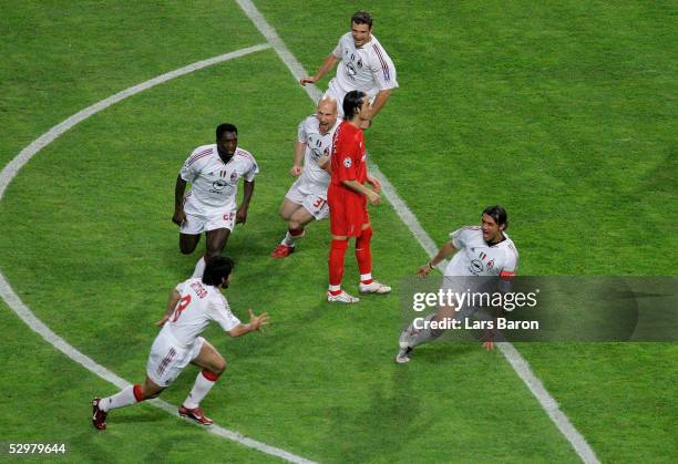 Milan captain Paolo Maldini celebrates his first goal during the European Champions League final between Liverpool and AC Milan on May 25, 2005 at...