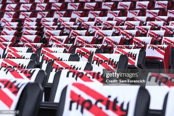 Shirts for the fans are displayed before Game Four of the Western Conference Semifinals between the Portland Trail Blazers and the Golden State...