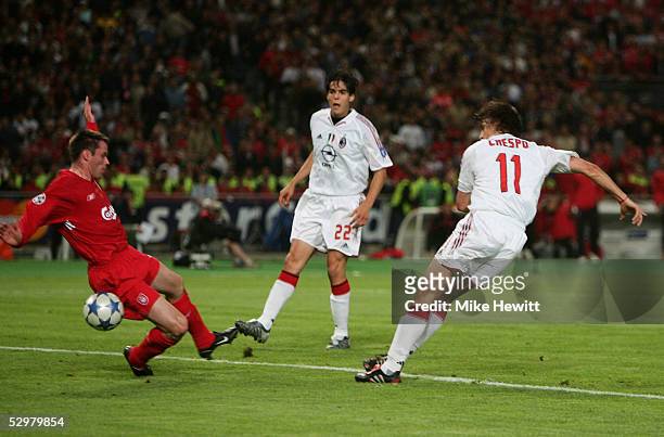 Milan forward Hernan Crespo of Argentina scores the second goal during the European Champions League final between Liverpool and AC Milan on May 25,...