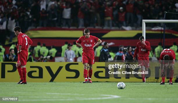 Liverpool captain Steven Gerrard reatcs after AC Milan forward Hernan Crespo of Argentina scored the second goal during the European Champions League...