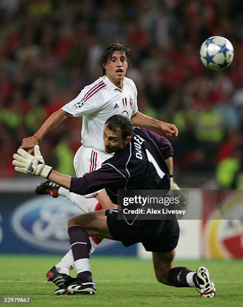 Milan forward Hernan Crespo of Argentina scores the third goal past Liverpool goalkeeper Jerzy Dudek of Poland during the European Champions League...