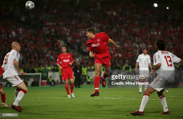 Liverpool captain Steven Gerrard scores the first goal during the European Champions League final between Liverpool and AC Milan on May 25, 2005 at...