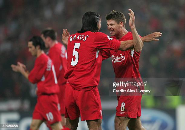 Liverpool captain Steven Gerrard and Liverpool striker Milan Baros of Czech Republic celebrate after a goal during the European Champions League...