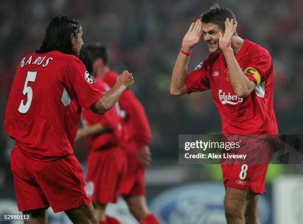 Liverpool captain Steven Gerrard and Liverpool striker Milan Baros of Czech Republic celebrate after a goal during the European Champions League...