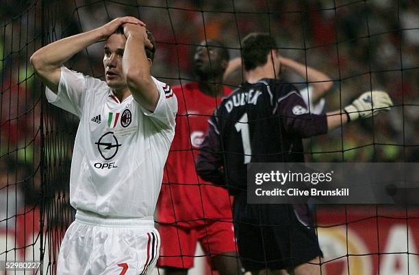 Milan forward Andriy Shevchenko of Ukraine reatcs after missing a shot on goal during the European Champions League final between Liverpool and AC...