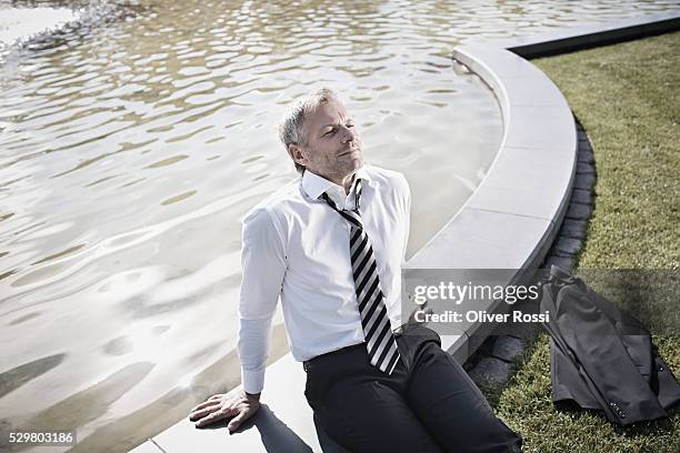 mature businessman sitting at pond - agua estancada fotografías e imágenes de stock