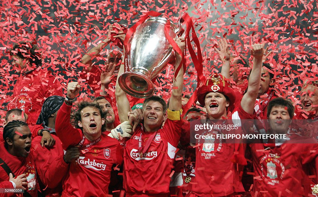 Liverpool's captain Steven Gerrard holds