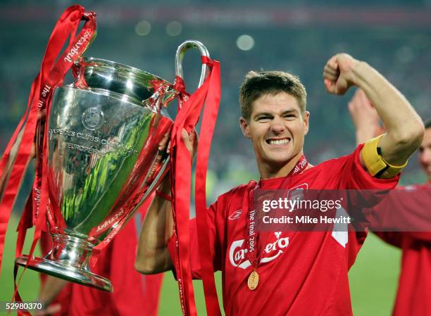 Liverpool captain Steven Gerrard lifts the European Cup after Liverpool won the European Champions League final between Liverpool and AC Milan on May...