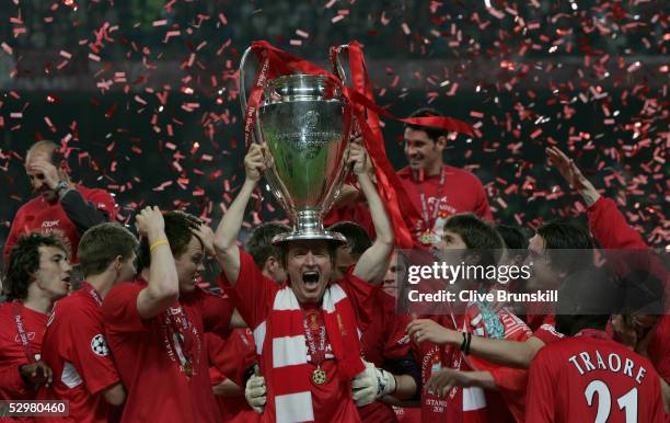 Liverpool defender John Arne Riise of Norway lifts the European Cup after Liverpool won the European Champions League against AC Milan on May 25,...