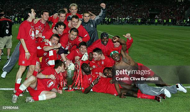 Liverpool pose for a picture after they won the European Champions League final against AC Milan on May 25, 2005 at the Ataturk Olympic Stadium in...