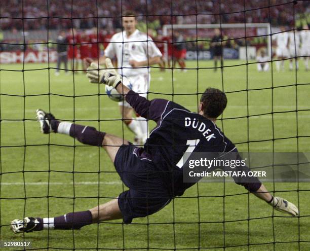 Milan's Ukrainian forward Andriy Shevchenko misses a penalty kick during the UEFA Champions league football final AC Milan vs Liverpool, 25 May 2005...