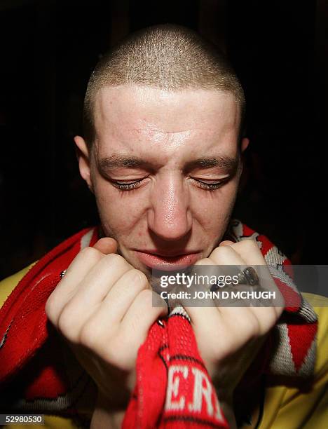 Liverpool fan weeps for joy outside a pub in Liverpool after the Champions League final between Liverpool FC and AC Milan in Istanbul, 25 May, 2005....