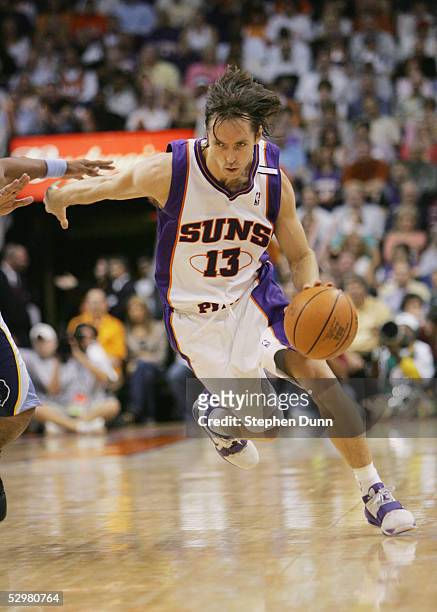 Steve Nash of the Phoenix Suns dribbles against the Memphis Grizzlies in Game two of the Western Conference Quarterfinals during the 2005 NBA...