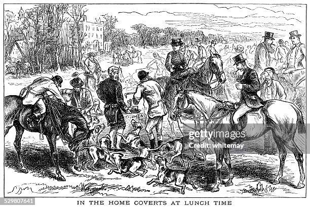 the hunt partaking of refreshments - women meeting lunch stock illustrations