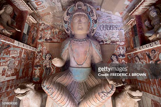 The Bodhisattva identified as Maitreya from Mogao cave 275 is seen at the "Cave Temples of Dunhuang: Buddhist Art on the Silk Road" exhibit at the...