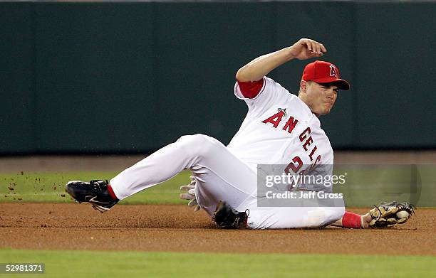 Third baseman Dallas McPherson of the Los Angeles Angels of Anaheim fields a ground ball against the Chicago White Sox at Angel Stadium on May 25,...