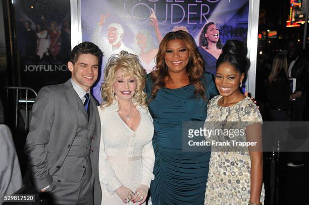 Actors Jeremy Jordon, Dolly Parton, Queen Latifah and Keke Palmer arrive at the world premiere of "Joyful Noise" held at Grauman's Chinese Theater in...