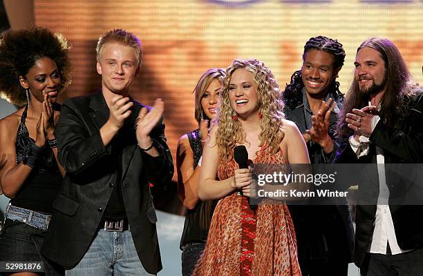 After being named the new American Idol, singer Carrie Underwood is joined by fellow contestants onstage during the American Idol Finale: Results...