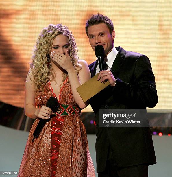 Singer Carrie Underwood is named the new American Idol by host Ryan Seacrest during the American Idol Finale: Results Show held at the Kodak Theatre...