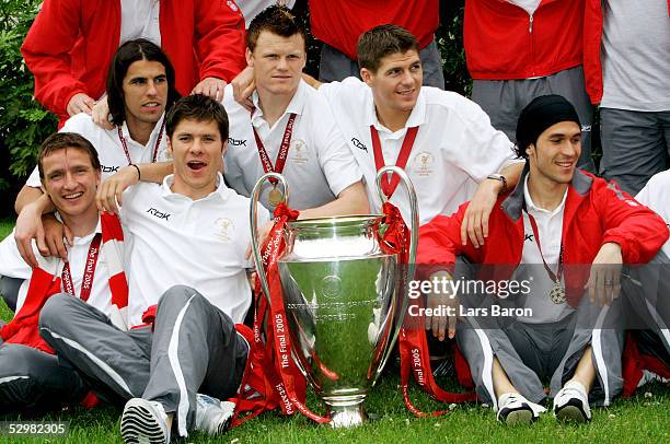 The players of Liverpool Vladimir Smicer, Milan Baros, Xabi Alonso, John Arne-Riise, Stephen Gerrard and Luis Garciapose pose with the European...