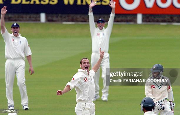 English fast bowler Simon Jones unsuccessfully appeals against Bangladeshi batsman Mushfiqur Rahim during the first day of the first Test between...